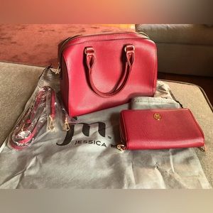 NWT Jessica Moore Venture Satchel & Double Zipper Wrist Wallet. Berry.